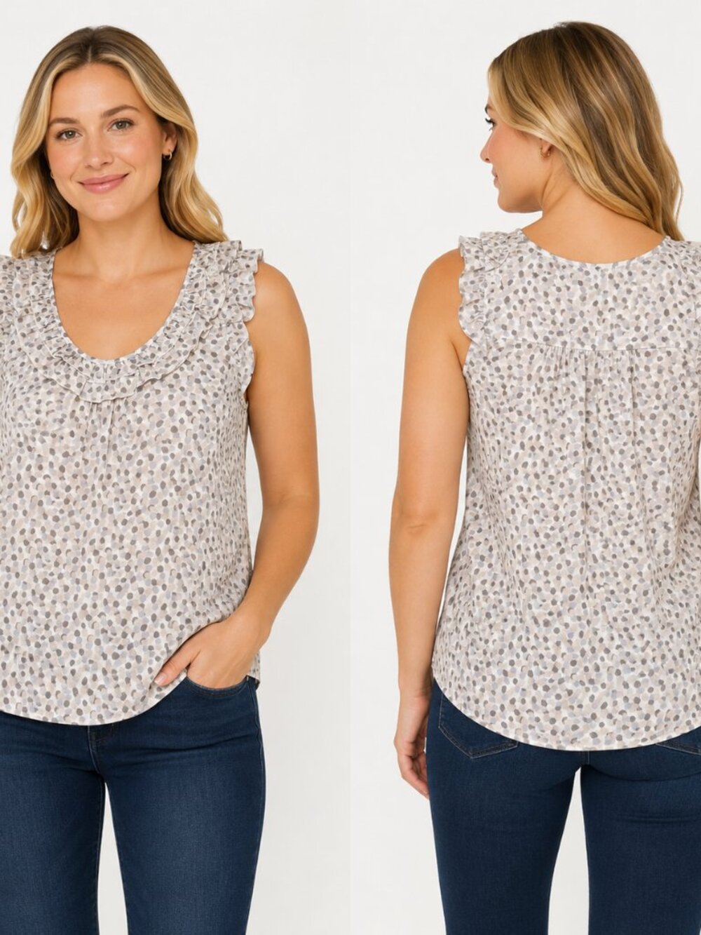 Tommy Hilfiger Women’s L Gray Beige Polka Dot Ruffle Blouse